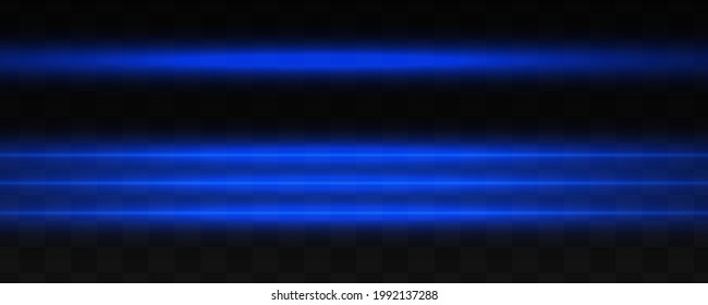 Blue horizontal lens flares pack. Laser beams, horizontal light rays.Beautiful light flares. Glowing streaks on dark background. Luminous abstract sparkling lined background.