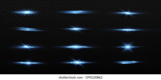 Blue horizontal lens flares pack, laser beams, light flare. Luminous abstract sparkling lines.