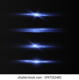 Blue horizontal lens flares pack, laser beams, light flare. Laser beams, horizontal light rays. Glowing streaks on light background.