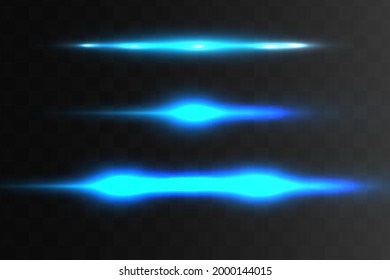 Blue horizontal lens flares pack. Laser beams, horizontal light rays.Beautiful light flares. Glowing streaks on dark background. Luminous abstract sparkling lined background.