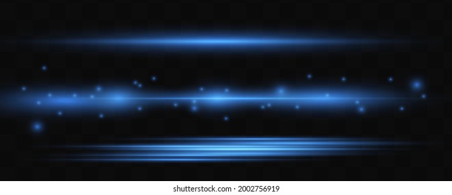Blaues Paket mit horizontalen Linsenfackeln. Laserstrahlen, horizontale Lichtstrahlen. Schöne Lichtstrahlen. Glühende Streifen auf dunklem Hintergrund. Leuchtender abstrakter, funkelnder Hintergrund.
