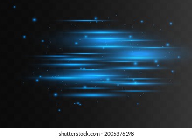 Blaues Paket mit horizontalen Linsenfackeln. Laserstrahlen, horizontale Lichtstrahlen. Schöne Lichtstrahlen. Glühende Streifen auf dunklem Hintergrund. Leuchtender abstrakter, funkelnder Hintergrund.