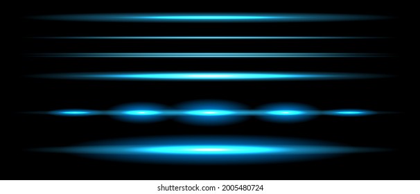 Blue horizontal lens flares pack. Laser beams, horizontal light rays. Beautiful light flares. Glowing streaks on dark background. Vector EPS 10.