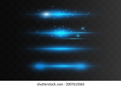 Blue horizontal lens flares pack. Laser beams, horizontal light rays.Beautiful light flares. Glowing streaks on dark background. Luminous abstract sparkling lined background.