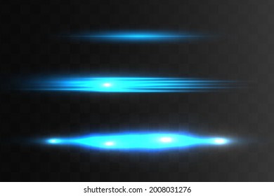 Blue horizontal lens flares pack. Laser beams, horizontal light rays.Beautiful light flares. Glowing streaks on dark background. Luminous abstract sparkling lined background.