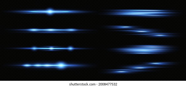Blue horizontal lens flares pack. Laser beams, horizontal light rays.Beautiful light flares. Glowing streaks on dark background. Luminous abstract sparkling lined background.