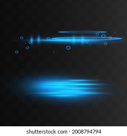 Blaues Paket mit horizontalen Linsenfackeln. Laserstrahlen, horizontale Lichtstrahlen. Schöne Lichtstrahlen. Glühende Streifen auf dunklem Hintergrund. Leuchtender abstrakter, funkelnder Hintergrund.