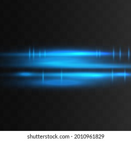 Blue horizontal lens flares pack. Laser beams, horizontal light rays.Beautiful light flares. Glowing streaks on dark background. Luminous abstract sparkling lined background.