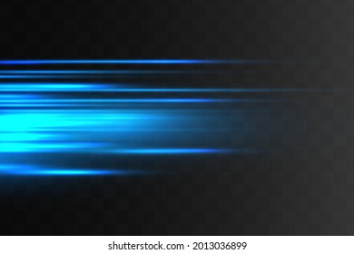 Blue horizontal lens flares pack. Laser beams, horizontal light rays.Beautiful light flares. Glowing streaks on dark background. Luminous abstract sparkling lined background.