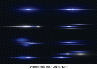 Blue horizontal lens flares pack. Laser beams, horizontal light rays.Beautiful light flares. Glowing streaks on dark background. Luminous abstract sparkling lined background.