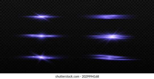 Paquete de bengalas horizontales azules, vigas láser, bombilla. Luminosas líneas de destello abstractas.