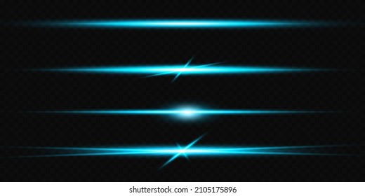 Paquete de bengalas horizontales de lente azul. Vigas láser, rayos de luz horizontales. Bellas llamaradas. Rasgos brillantes sobre fondo oscuro. Luminoso fondo brillante abstracto.