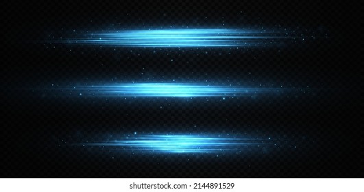 Blue horizontal lens flares pack. Laser beams, horizontal light rays. Exploding stars with scattered shining highlights.