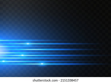 Blue horizontal lens flares pack. Abstract set of light flares, laser beams, sparkling lined, horizontal light rays. Vector illustration.