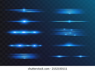 Blue horizontal lens flares pack. Abstract set of light flares, laser beams, sparkling lined, horizontal light rays. Vector illustration.