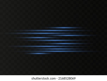 Blue horizontal lens flares pack. Abstract set of light flares, laser beams, sparkling lined, horizontal light rays. Vector illustration.