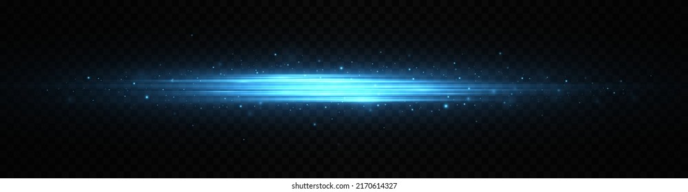 Paquete de bengalas horizontales de lente azul. Vigas láser, rayos de luz horizontales. Estrellas en explosión con brillantes resúmenes dispersos.