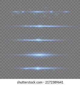 Blue horizontal lens flares pack. Laser beams, horizontal light rays. Beautiful light flares. Flash light with fairy dust sparks and golden stars shine. Dusty shine light.