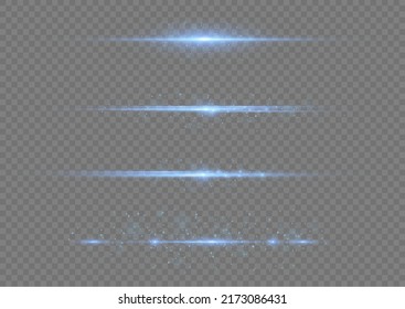 Blue horizontal lens flares pack. Laser beams, horizontal light rays. Beautiful light flares. Flash light with fairy dust sparks and golden stars shine. Dusty shine light.
