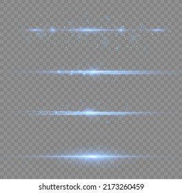 Blue horizontal lens flares pack. Laser beams, horizontal light rays. Beautiful light flares. Flash light with fairy dust sparks and golden stars shine. Dusty shine light.