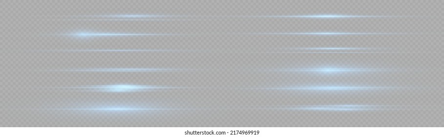 Blaues Paket mit horizontalen Linsenfackeln. Laserstrahlen, horizontale Lichtstrahlen. Schöne Lichtstrahlen. Blitzes Licht mit Märchenstaubfinstern und goldenen Sternen leuchten. Dusty glänzendes Licht.