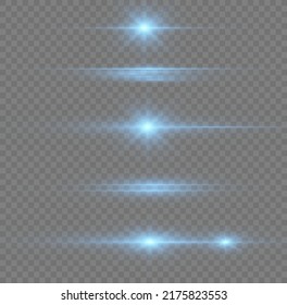 Blue horizontal lens flares pack. Laser beams, horizontal light rays. Beautiful light flares. Flash light with fairy dust sparks and golden stars shine. Dusty shine light.