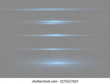 Blue horizontal lens flares pack. Laser beams, horizontal light rays. Beautiful light flares. Flash light with fairy dust sparks and golden stars shine. Dusty shine light.