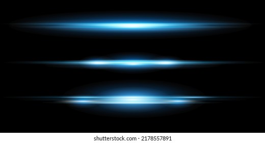 Blue horizontal lens flares pack. Laser beams, horizontal light rays.Beautiful light flares. Glowing streaks on dark background. Luminous abstract sparkling lined background.