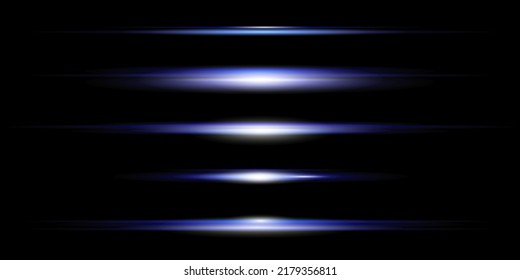 Blue horizontal lens flares pack. Laser beams, horizontal light rays.Beautiful light flares. Glowing streaks on dark background. Luminous abstract sparkling lined background.