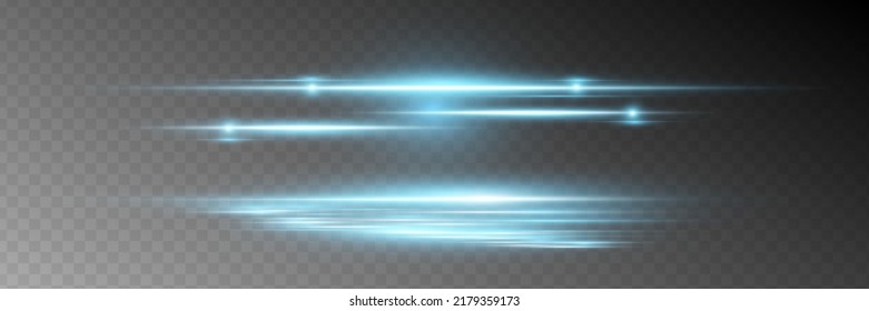 Blaues Paket mit horizontalen Linsenfackeln. Laserstrahlen, horizontale Lichtstrahlen. Schöne Lichtstrahlen. Glühende Streifen auf dunklem Hintergrund. Leuchtender abstrakter, funkelnder Hintergrund.