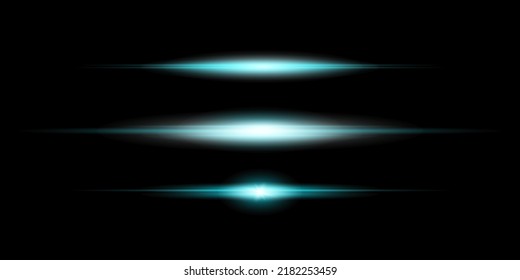 Blue horizontal lens flares pack. Laser beams, horizontal light rays.Beautiful light flares. Glowing streaks on dark background. Luminous abstract sparkling lined background.