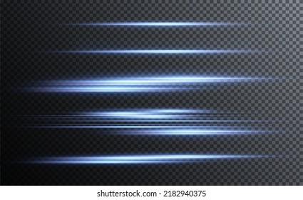 Blue horizontal lens flares pack. Laser beams, horizontal light rays.Beautiful light flares. Glowing streaks on dark background. Collection effect light blue line png.