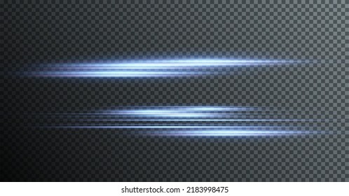 Blue horizontal lens flares pack. Laser beams, horizontal light rays.Beautiful light flares. Glowing streaks on dark background. Collection effect light blue line png.	
