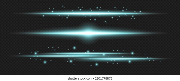 Blue horizontal lens flares pack. Laser beams, horizontal light rays.Beautiful light flares. Glowing streaks on dark background. Luminous abstract sparkling lined background.