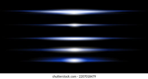 Blue horizontal lens flares pack. Laser beams, horizontal light rays.Beautiful light flares. Glowing streaks on dark background. Luminous abstract sparkling lined background.