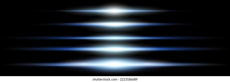 Blue horizontal lens flares pack. Laser beams, horizontal light rays.Beautiful light flares. Glowing streaks on dark background. Luminous abstract sparkling lined background.
