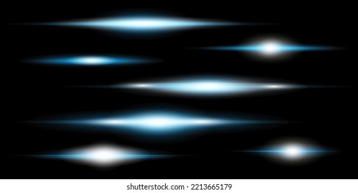 Blue horizontal lens flares pack. Laser beams, horizontal light rays.Beautiful light flares. Glowing streaks on dark background. Luminous abstract sparkling lined background.