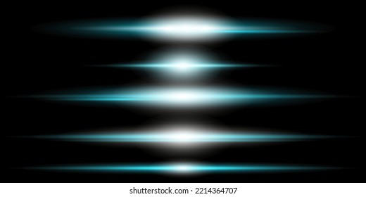 Paquete de bengalas horizontales de lente azul. Vigas láser, rayos de luz horizontales. Bellas llamaradas. Rasgos brillantes sobre fondo oscuro. Luminoso fondo brillante abstracto.