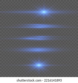 Blue horizontal lens flares pack. Laser beams, horizontal light rays. Beautiful light flares. Flash light with fairy dust sparks and golden stars shine. Dusty shine light.