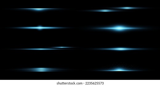 Blue horizontal lens flares pack. Laser beams, horizontal light rays.Beautiful light flares. Glowing streaks on dark background. Luminous abstract sparkling lined background.