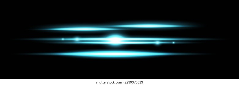 Blue horizontal lens flares pack. Laser beams, horizontal light rays.Beautiful light flares. Glowing streaks on dark background. Luminous abstract sparkling lined background.