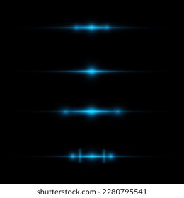 Blue horizontal lens flares pack. Laser beams, horizontal light rays.Beautiful light flares. Glowing streaks on dark background. Luminous abstract sparkling lined background.