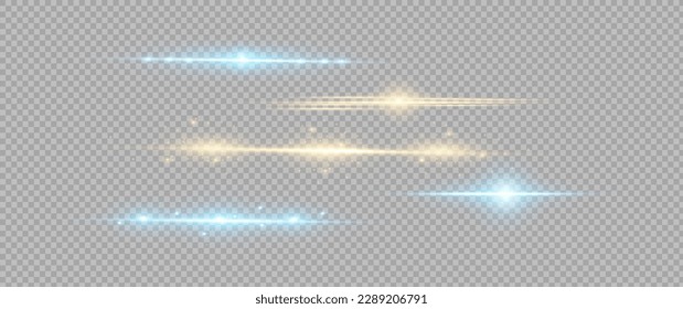 Blue horizontal lens flares pack. Laser beams, horizontal light rays.Beautiful light flares. Glowing streaks on dark background. Luminous abstract sparkling lined background.