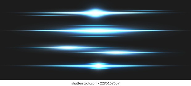 Blue horizontal lens flares pack. Laser beams, horizontal light rays.Beautiful light flares. Glowing streaks on dark background. Luminous abstract sparkling lined background.