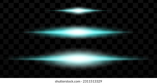 Blue horizontal lens flares pack. Laser beams, horizontal light rays.Beautiful light flares. Glowing streaks on dark background. Luminous abstract sparkling lined background.