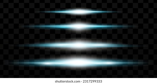 Paquete de bengalas horizontales de lente azul. Vigas láser, rayos de luz horizontales. Bellas llamaradas. Rasgos brillantes sobre fondo oscuro. Luminoso fondo brillante abstracto.