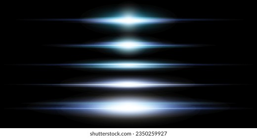 Blue horizontal lens flares pack. Laser beams, horizontal light rays.Beautiful light flares. Glowing streaks on dark background. Luminous abstract sparkling lined background.