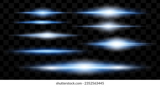 Blaues Paket mit horizontalen Linsenfackeln. Laserstrahlen, horizontale Lichtstrahlen. Schöne Lichtstrahlen. Glühende Streifen auf dunklem Hintergrund. Leuchtender abstrakter, funkelnder Hintergrund.