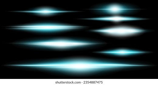 Blue horizontal lens flares pack. Laser beams, horizontal light rays.Beautiful light flares. Glowing streaks on dark background. Collection effect light blue line png.
