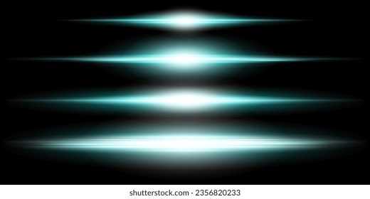 Blue horizontal lens flares pack. Laser beams, horizontal light rays.Beautiful light flares. Glowing streaks on dark background. Collection effect light blue line png.